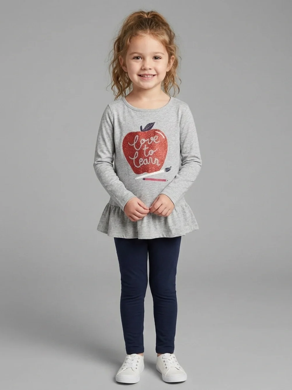 Carter's Gray Long-Sleeve Peplum Top with Red Apple Graphic